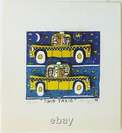 James Rizzi NYC Twin Taxis 1989 Hand Signed 3-D Serigraph Pop Art matted