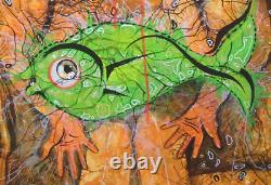 Pop art painting modern contemporary original graphic figures green fish signed