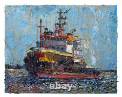 Print Of Painting Pop Art? Signed? Boat? Oil? A Ocean? Painting? Tugboat Ship Sails On