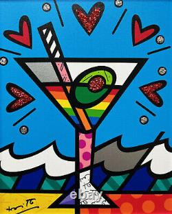 Romero Britto Celebration NEW CUSTOM FRAMED SIGNED pop ART Martini Glass Gin